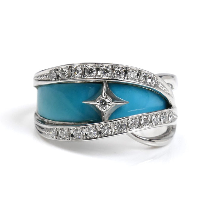 Hiko 松井久子 K18WG ホワイトゴールド リング・指輪 ダイヤモンド0.24ct ターコイズ 14号 7.5g レディース【中古】【美品】