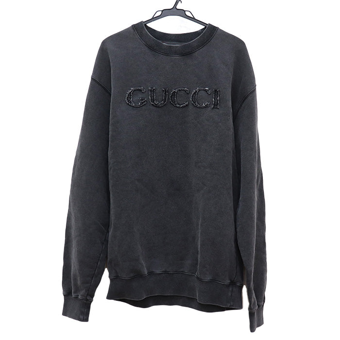 GUCCI グッチ エンブロイダリー コットン スウェットシャツ ダメージ加工 スウェット グレー 784413 
S メンズ【中古】