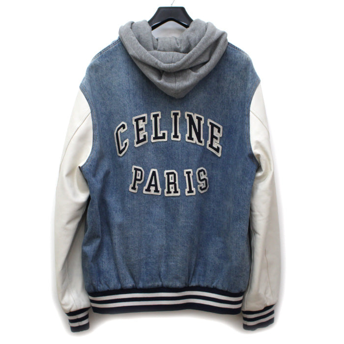 CELINE セリーヌ バーシティ ブルゾン デニムジャケット ブルー ホワイト グレー 2Q563206T XL フード ボンバージャケット メンズ【中古】