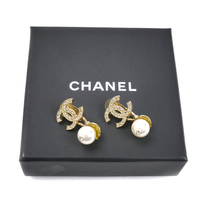 CHANEL シャネル GP ココマーク ラインストーン フェイクパール イヤリング 10.5g レディース【中古】