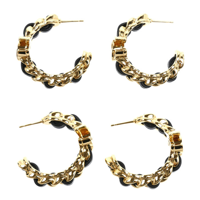 CHANEL シャネル GP レザー ココマーク レザー フープ ピアス ABD674 B17149 NZ521 27.6g レディース【中古】【美品】