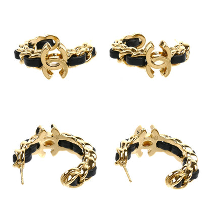 CHANEL シャネル GP レザー ココマーク レザー フープ ピアス ABD674 B17149 NZ521 27.6g レディース【中古】【美品】