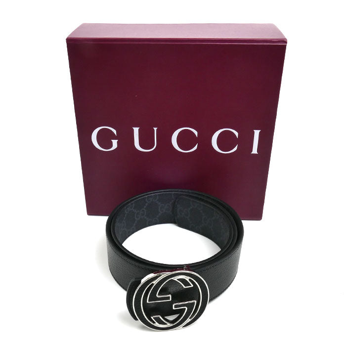 GUCCI グッチ インターロッキング Gバックル リバーシブル ベルト ブラック 812273 AAEB4 1000 80cm メンズ【中古】【極美品】