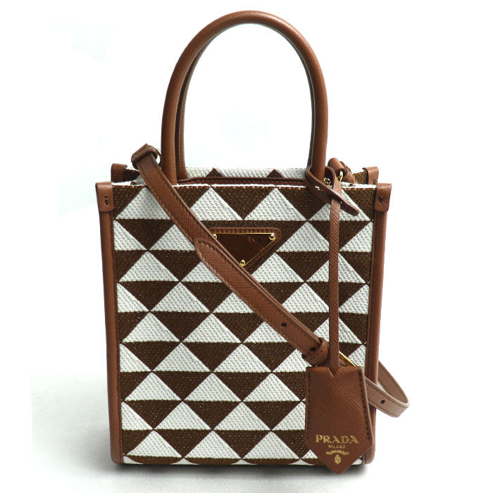 PRADA プラダ シンボル エンブロイダリーファブリック ミニ 2Wayショルダーバッグ ブラウン ホワイト ｍｂｍｂ IC レディース【中古】【美品】