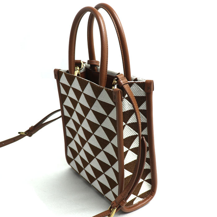 PRADA プラダ シンボル エンブロイダリーファブリック ミニ 2Wayショルダーバッグ ブラウン ホワイト ｍｂｍｂ IC レディース【中古】【美品】