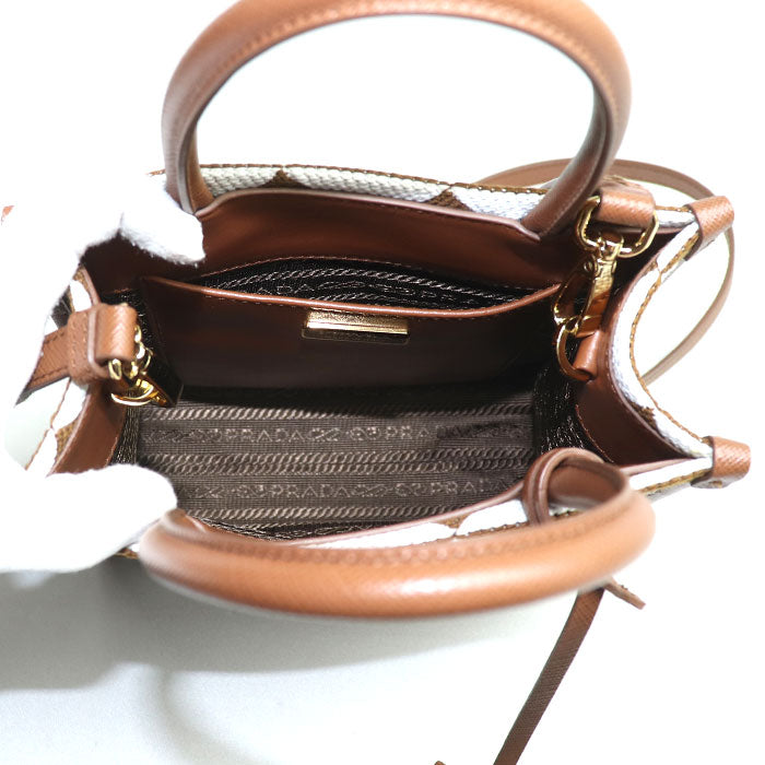 PRADA プラダ シンボル エンブロイダリーファブリック ミニ 2Wayショルダーバッグ ブラウン ホワイト ｍｂｍｂ IC レディース【中古】【美品】