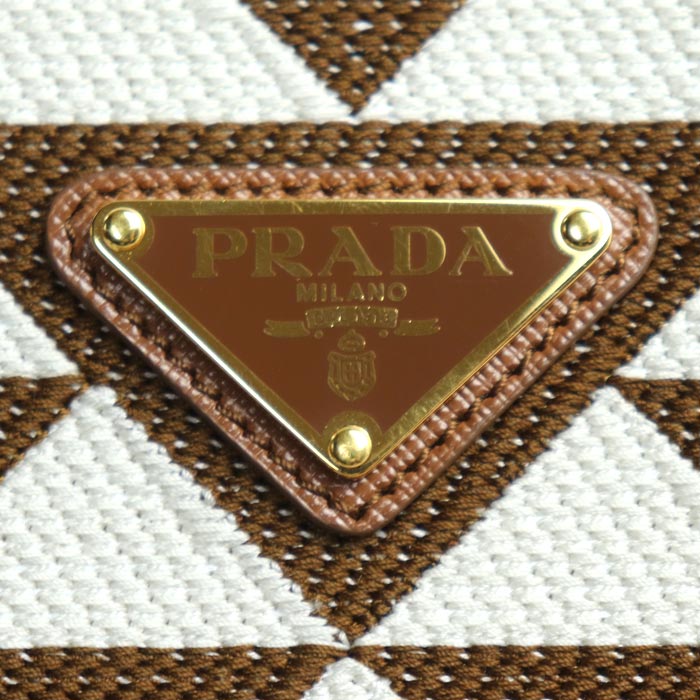 PRADA プラダ シンボル エンブロイダリーファブリック ミニ 2Wayショルダーバッグ ブラウン ホワイト ｍｂｍｂ IC レディース【中古】【美品】