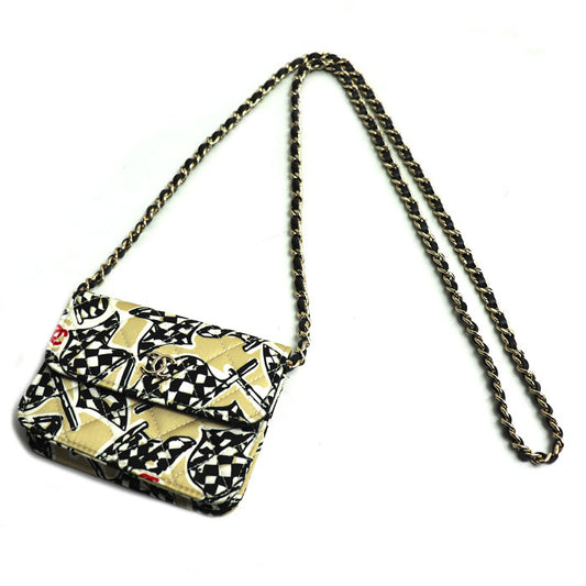 CHANEL シャネル チェッカーフラッグ イヤーエンドギフト ショルダーバッグ ベージュ ブラック レディース【中古】【美品】