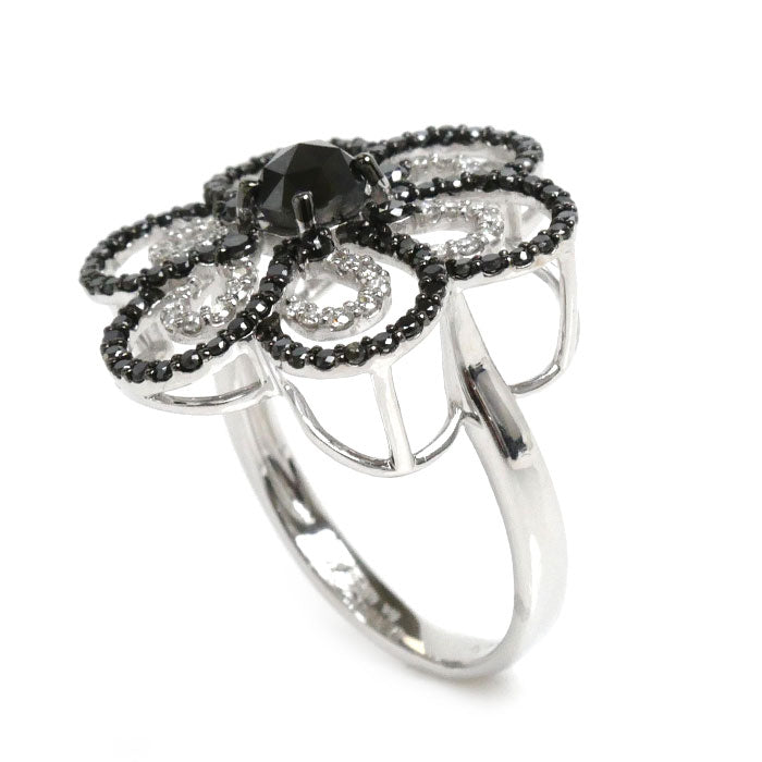 ESTELLE エステール K18WG ホワイトゴールド フラワーモチーフ リング・指輪 ブラックダイヤモンド0.81ct ダイヤモンド0.64ct 16号 5.8g レディース【中古】【美品】