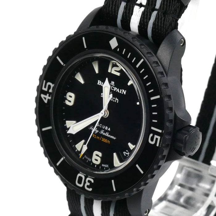BLANCPAINxSWATCH フィフティファゾムス オーシャン オブ ストーム  腕時計 自動巻き ブラック S035B400 メンズ【中古】【極美品】