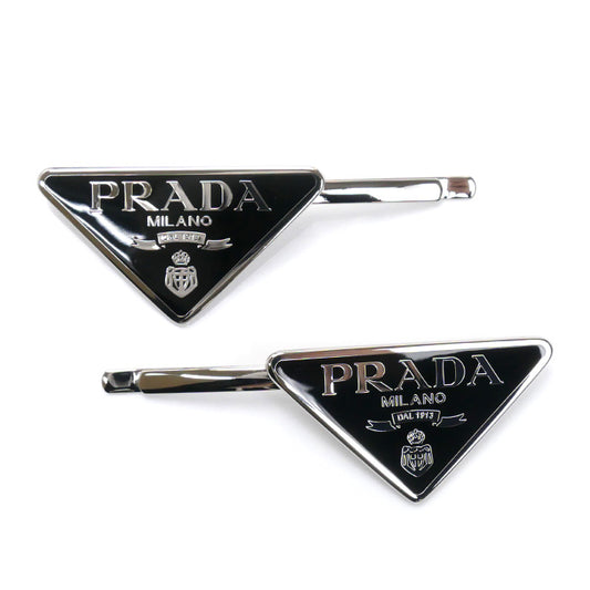 PRADA プラダ 真鍮 スティール トライアングルロゴ 2点セット ヘアアクセサリー ヘアクリップ 1IF051_2BA6_F0002 メタル ヘアピン レディース【中古】【美品】