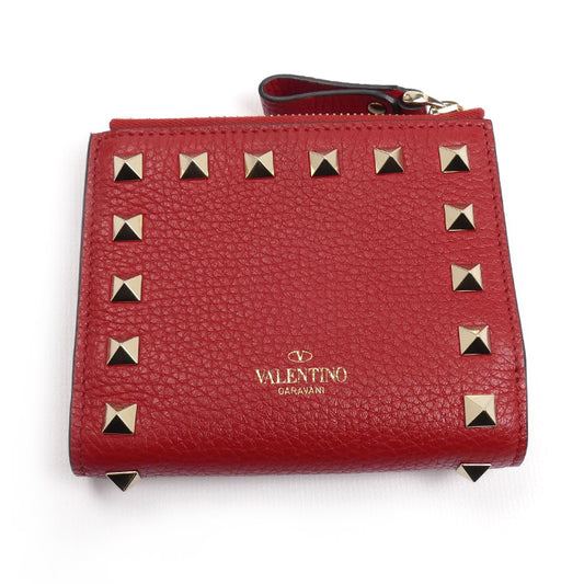 Valentino Garavani ヴァレンティノ・ガラヴァーニ ロックスタッズ コンパクトウォレット 二つ折り財布 レッド 3W2P0W06 レディース【中古】【美品】