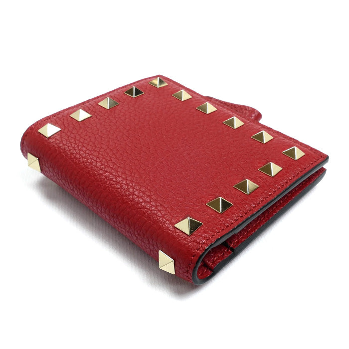 Valentino Garavani ヴァレンティノ・ガラヴァーニ ロックスタッズ コンパクトウォレット 二つ折り財布 レッド 3W2P0W06 レディース【中古】【美品】