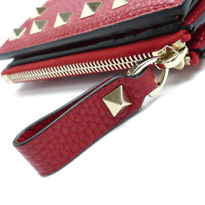 Valentino Garavani ヴァレンティノ・ガラヴァーニ ロックスタッズ コンパクトウォレット 二つ折り財布 レッド 3W2P0W06 レディース【中古】【美品】