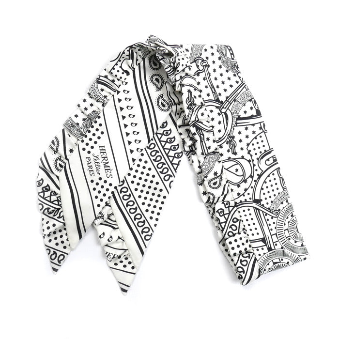 HERMES エルメス ツイリー Eperon d' Or Bandana エプロンドールバンダナ スカーフ ホワイト/ブラック H852978S レディース【中古】【美品】