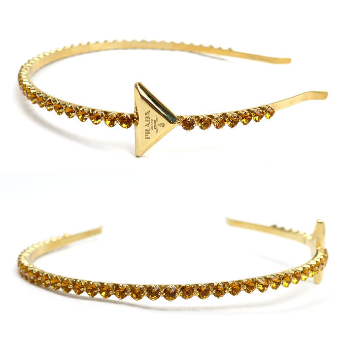 PRADA プラダ 真鍮 人工クリスタル トライアングルロゴ クリスタル カチューシャ 1IH048 2CK4 F03CR ヘアバンド レディース【中古】