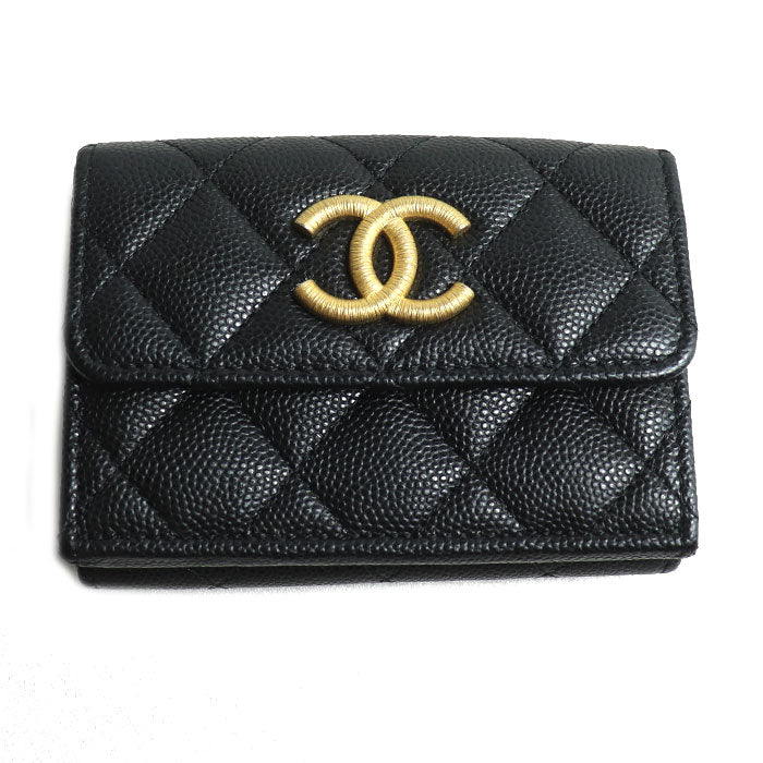 CHANEL シャネル マトラッセ キャビアスキン コンパクトウォレット 三つ折り財布 ブラック AP3518 レディース【中古】【美品】