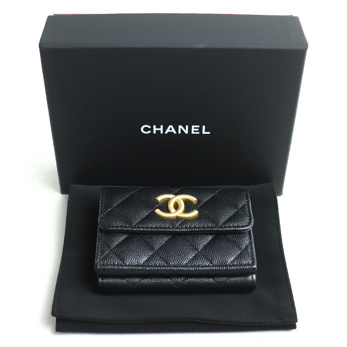 CHANEL シャネル マトラッセ キャビアスキン コンパクトウォレット 三つ折り財布 ブラック AP3518 レディース【中古】【美品】