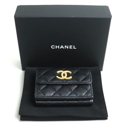 CHANEL シャネル マトラッセ キャビアスキン コンパクトウォレット 三つ折り財布 ブラック AP3518 レディース【中古】【美品】