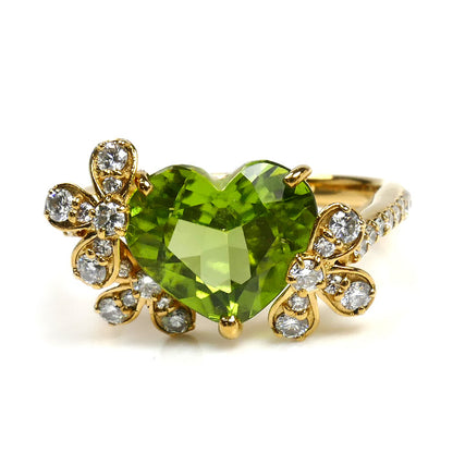 Ponte Vecchio ポンテヴェキオ K18YG イエローゴールド ハート ペリドット ダイヤ リング・指輪 ペリドット2.73ct ダイヤモンド0.43ct 11号 4.2g レディース【中古】【美品】