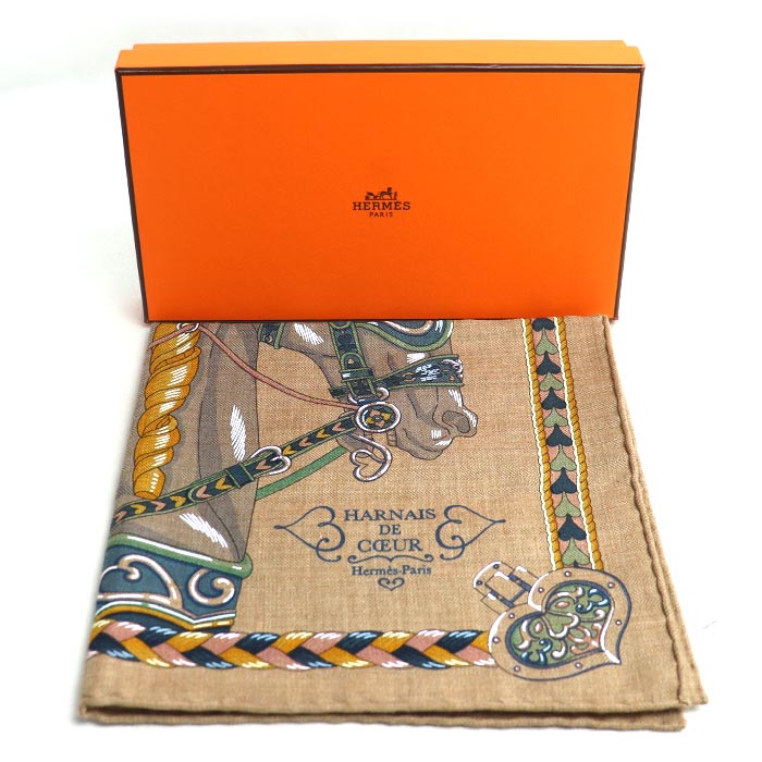 HERMES エルメス カレ45ガヴロッシュ HARNAIS DE COEUR アルネドゥクール スカーフ キャラメル / モルドレ / グリーン H744173S 05 レディース【中古】【美品】
