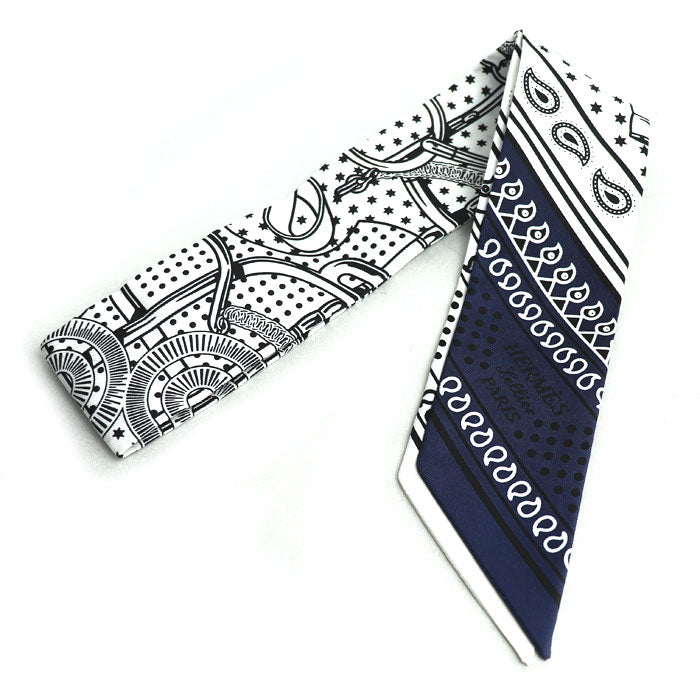 HERMES エルメス ツイリー Eperon d' or 黄金の拍車 スカーフ ホワイト/ブラック/マリン H062978S 06 レディース【中古】【美品】