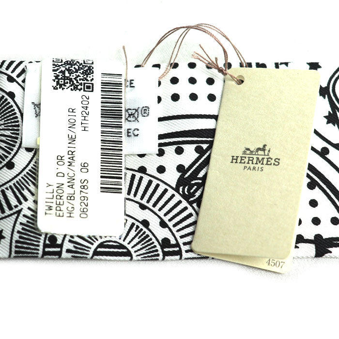 HERMES エルメス ツイリー Eperon d' or 黄金の拍車 スカーフ ホワイト/ブラック/マリン H062978S 06 レディース【中古】【美品】
