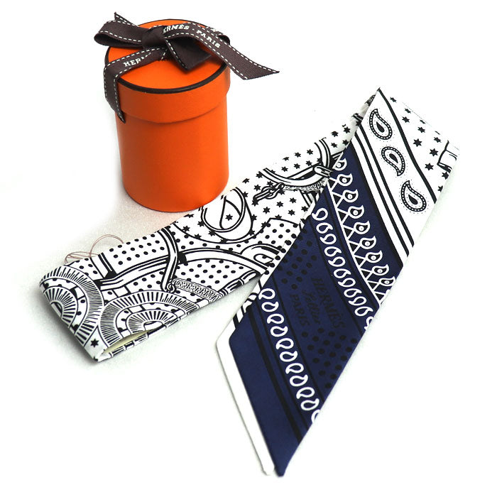 HERMES エルメス ツイリー Eperon d' or 黄金の拍車 スカーフ ホワイト/ブラック/マリン H062978S 06 レディース【中古】【美品】