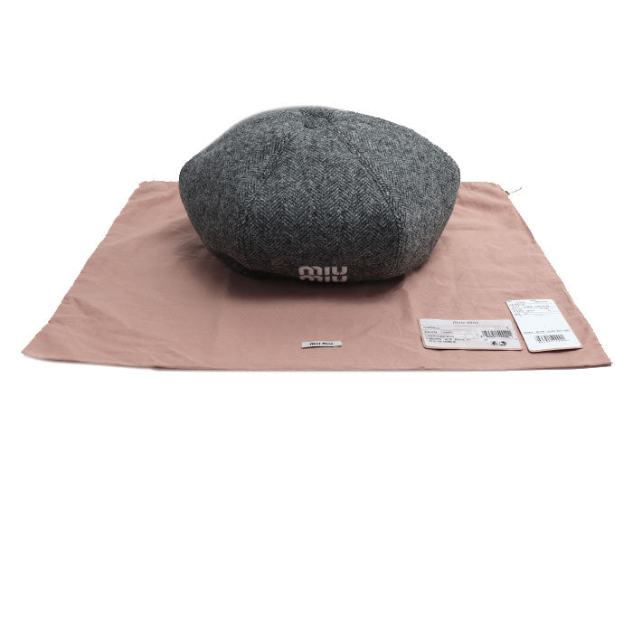 MIUMIU ミュウミュウ ロゴ ベレー帽 グレー 5HC075 S レディース【中古】【美品】