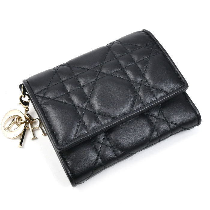 Dior ディオール カナージュ ロータスウォレット 三つ折り財布 ブラック S0181ONMJ_M900 レディース【中古】【美品】
