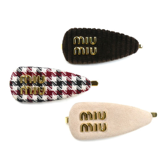 MIUMIU ミュウミュウ 真鍮 コットン ツイードチェック スエード シアリング 3点セット バレッタ 51F188 21EK F04UL レディース【中古】
