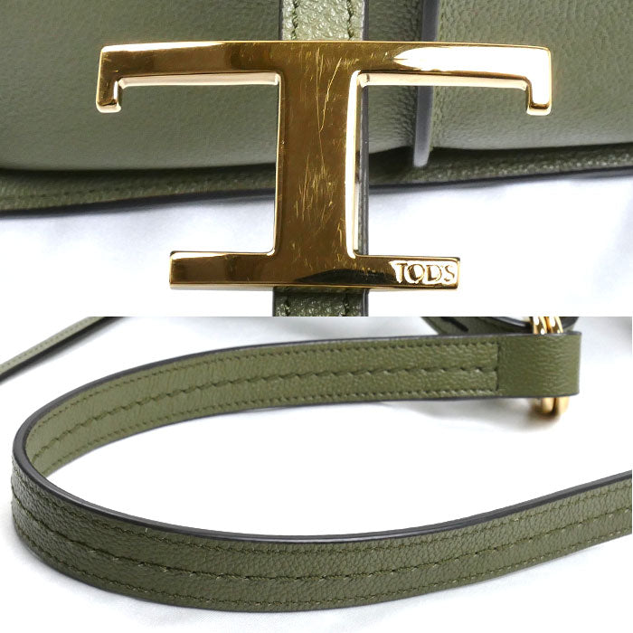 TOD’S トッズ Tタイムレス ミニ メッセンジャーバッグ ショルダーバッグ グリーン オリーブ系 XBWTSBY01Z0Q レディース【中古】【美品】