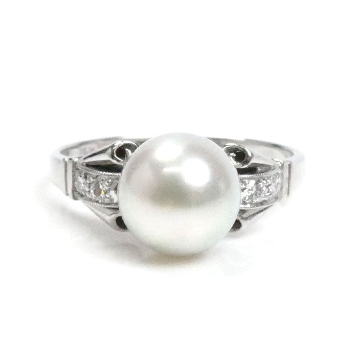 MIKIMOTO ミキモト K14WG ホワイトゴールド リング・指輪 パール約7.8mm ダイヤモンド 9.5号 2.7g レディース【中古】