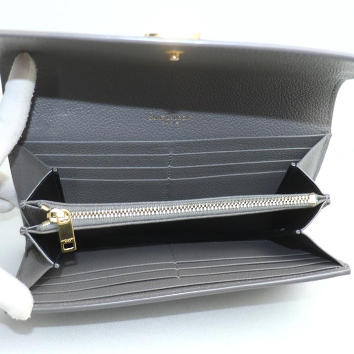 SAINT LAURENT サンローラン YSLライン ラージ フラップウォレット 長財布 グレー 414567 レディース【中古】