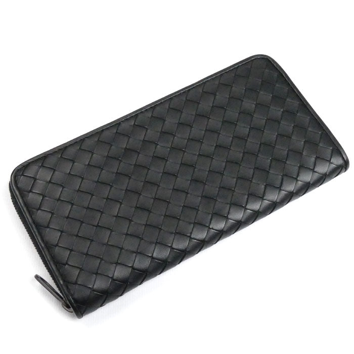 BOTTEGAVENETA ボッテガヴェネタ イントレチャート ジップアラウンドウォレット 長財布 ラウンドファスナー ブラック メンズ【中古】