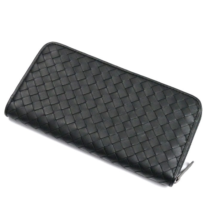 BOTTEGAVENETA ボッテガヴェネタ イントレチャート ジップアラウンドウォレット 長財布 ラウンドファスナー ブラック メンズ【中古】