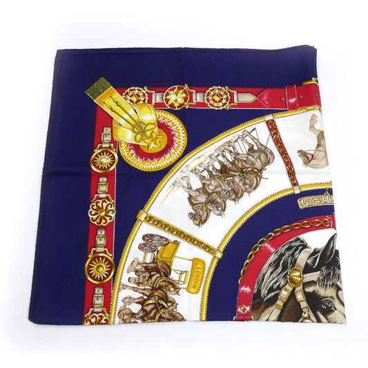 HERMES エルメス カレ90 CHEVAUX DE TRAIT 輓馬 スカーフ ネイビー/マルチ レディース【中古】