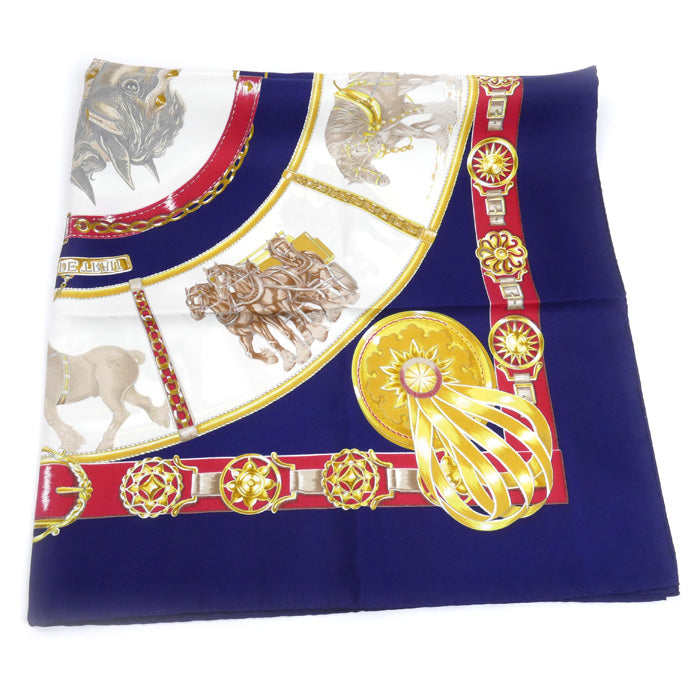 HERMES エルメス カレ90 CHEVAUX DE TRAIT 輓馬 スカーフ ネイビー/マルチ レディース【中古】