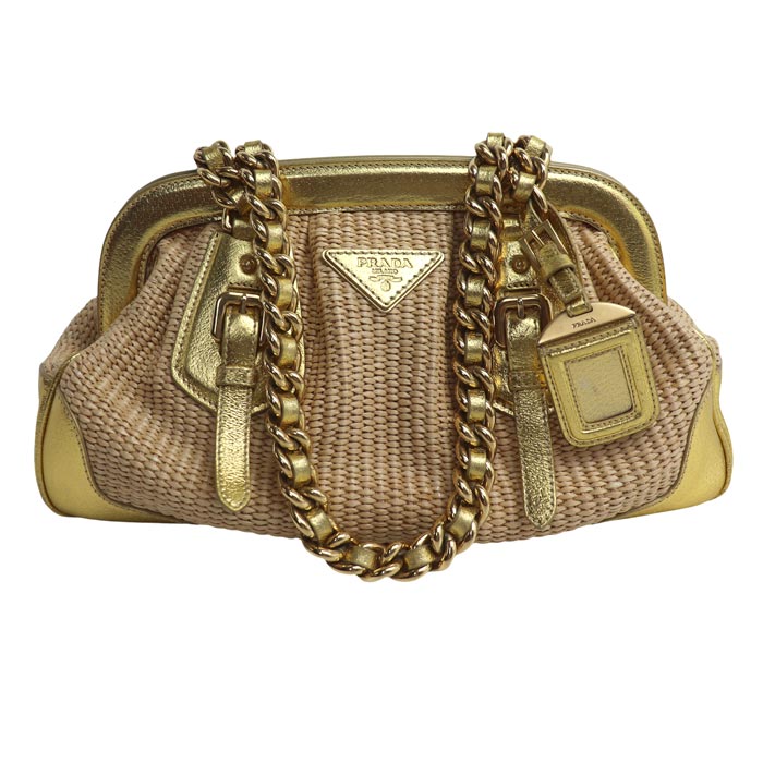 PRADA プラダ ストローバッグ ハンドバッグ ベージュ ゴールド BR3692 レディース【中古】