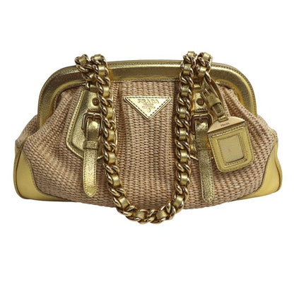 PRADA プラダ ストローバッグ ハンドバッグ ベージュ ゴールド BR3692 レディース【中古】