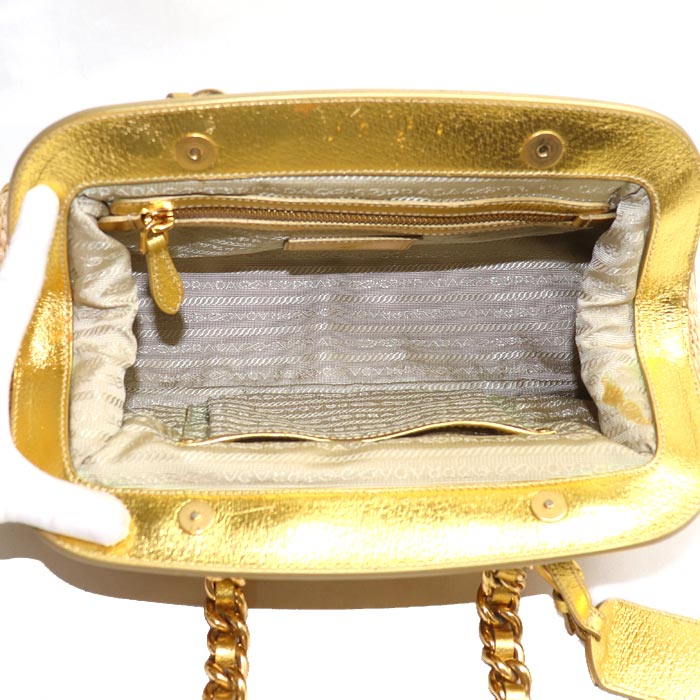 PRADA プラダ ストローバッグ ハンドバッグ ベージュ ゴールド BR3692 レディース【中古】