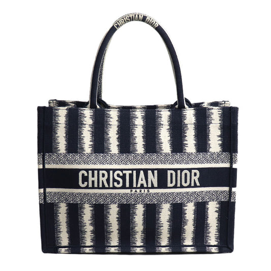 Christian Dior クリスチャンディオール ブックトート ミディアム ストライプ トートバッグ ベージュ ネイビー 50-MA-1220 レディース【中古】